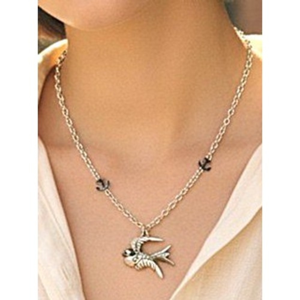 Silver Tone Bird Anchor Nautical Pendant 19" Long Necklace Pavé Crystal Accents